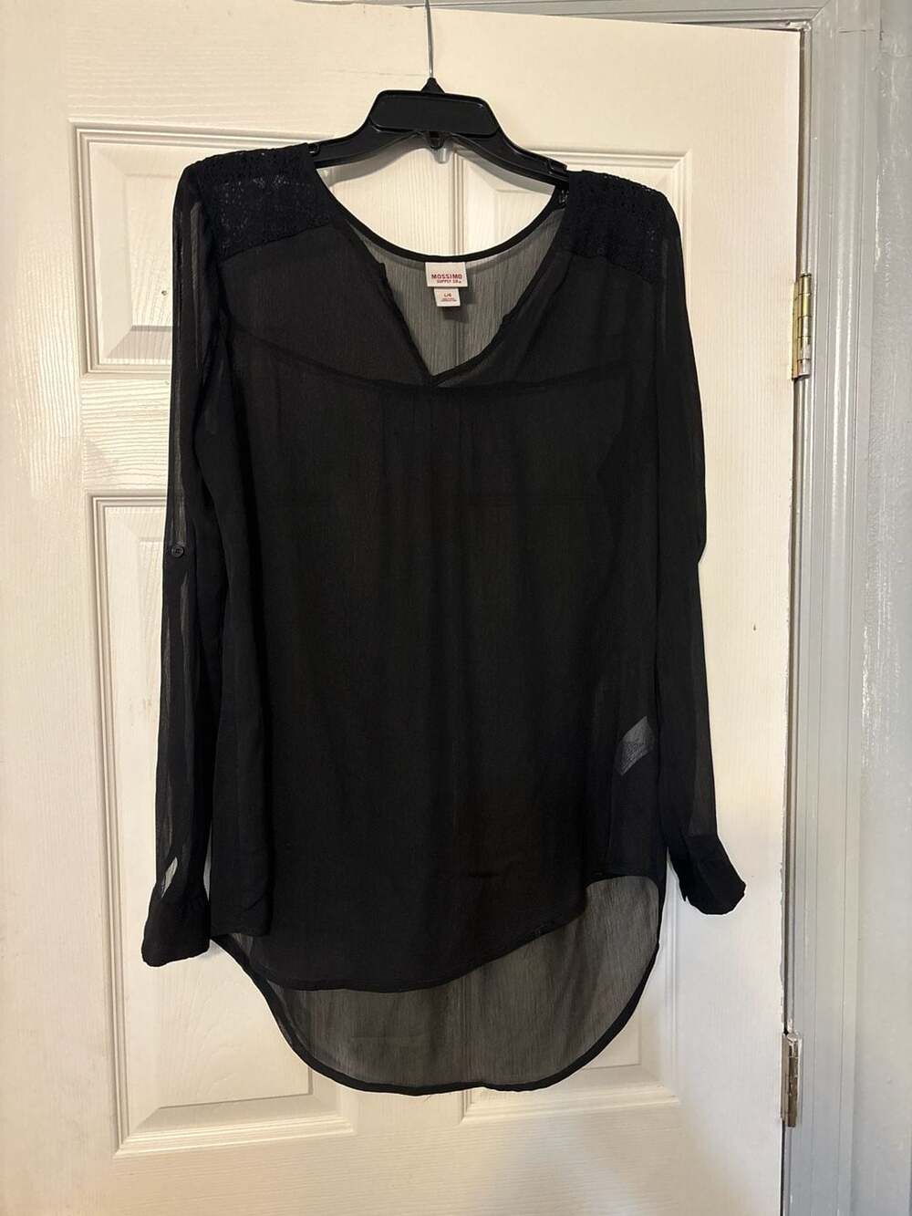 Mossimo Supply Co. Black Sheer V-Neck High-Low Blouse with Lace Shoulders and Ro